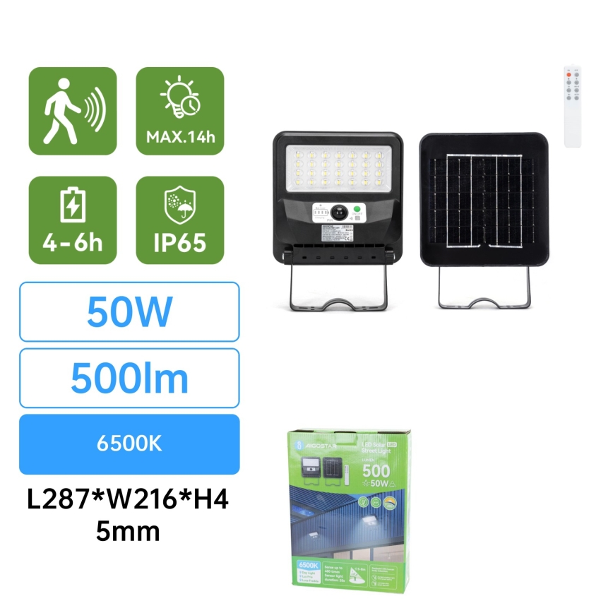Aigostar - LED solarna lampa uliczna z czujnikiem LED/50W/3,2V 1000mAh 6500K + zdalne sterowanie