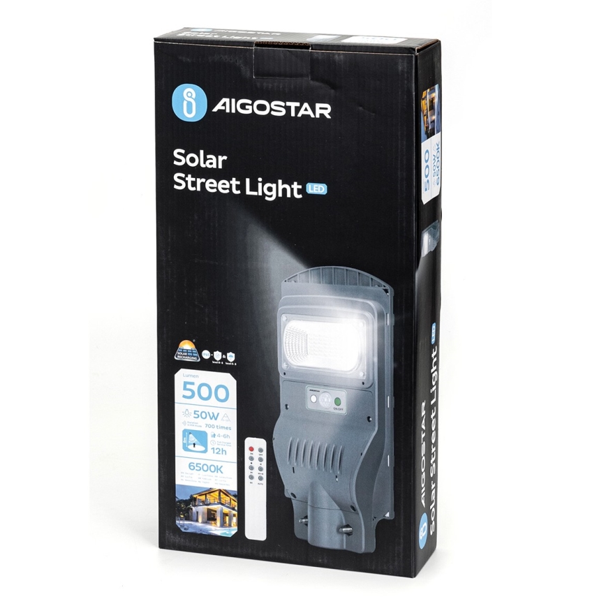 Aigostar - LED Solarna lampa uliczna z czujnikiem LED/50W/3,2V 5000mAh IP65 6500K + pilot zdalnego sterowania