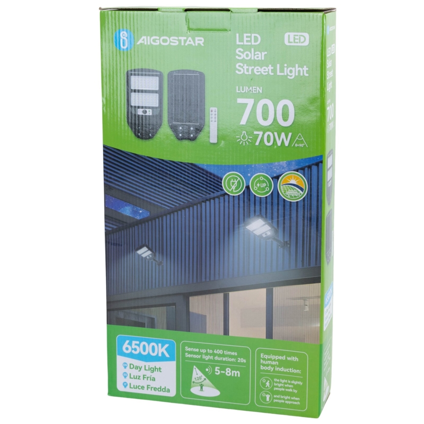 Aigostar - LED Solarna lampa uliczna z czujnikiem LED/70W/3,2V 4000mAh IP65 6500K + zdalne sterowanie