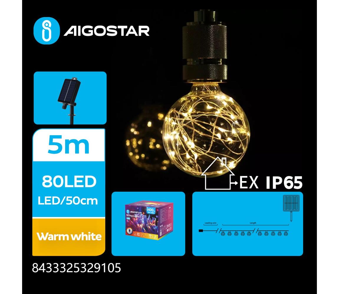 - LED Solarny łańcuch bożonarodzeniowy 10xLED/8 funkcji 6,5m IP65 ciepła biel