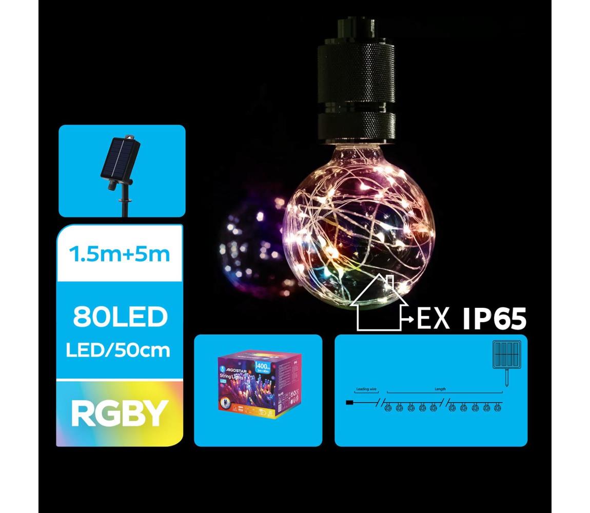 - LED Solarny łańcuch bożonarodzeniowy 10xLED/8 funkcji 6,5m IP65 wielobarwny