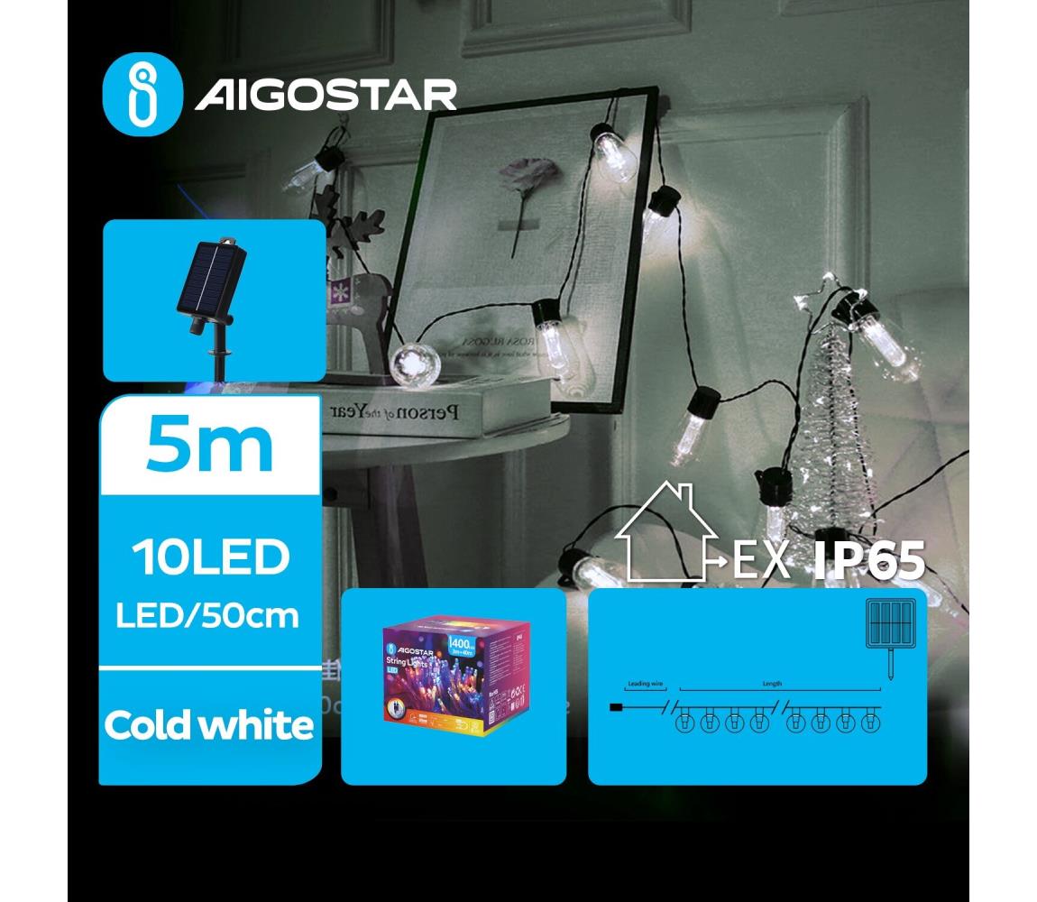- LED Solarny łańcuch bożonarodzeniowy 10xLED/8 funkcji 6,5m IP65 zimna biel