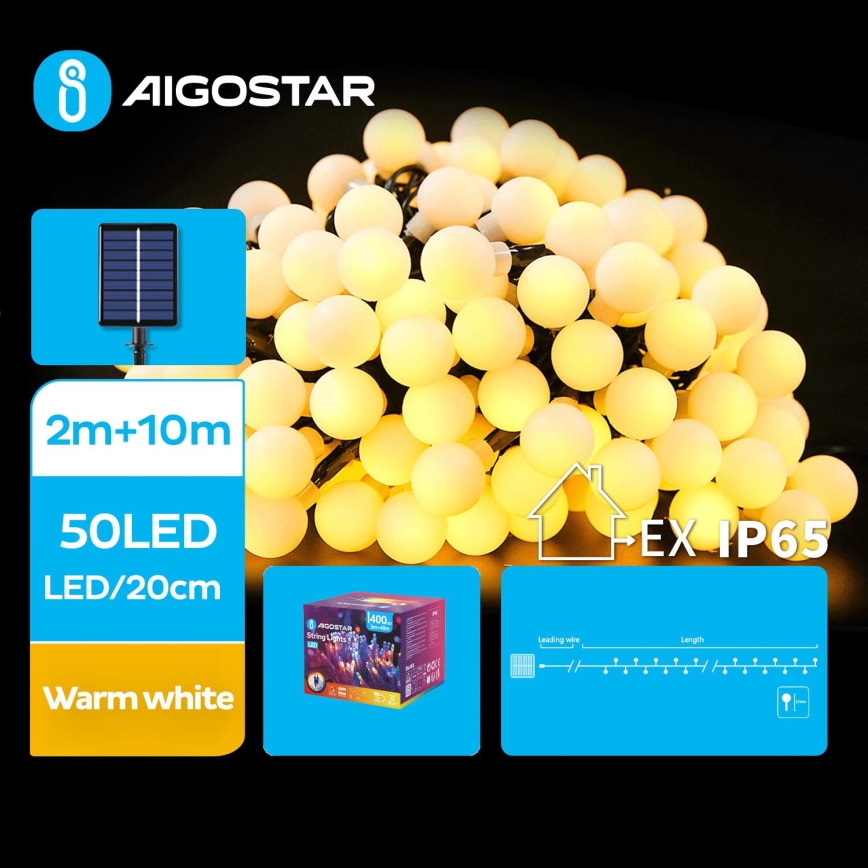 Aigostar - LED Solarny dekoracyjny łańcuch 50xLED/8 funkcji 12m 800 mAh IP65 ciepła biel