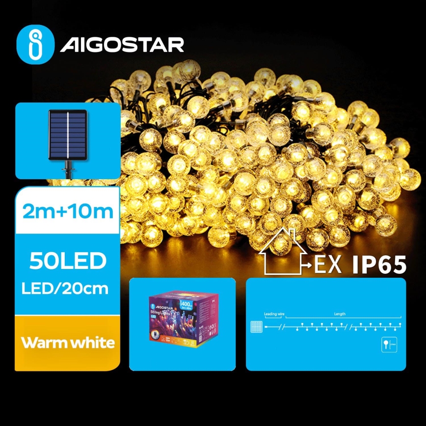 Aigostar - LED Solarny dekoracyjny łańcuch 50xLED/8 funkcji 12m 800 mAh IP65 ciepła biel