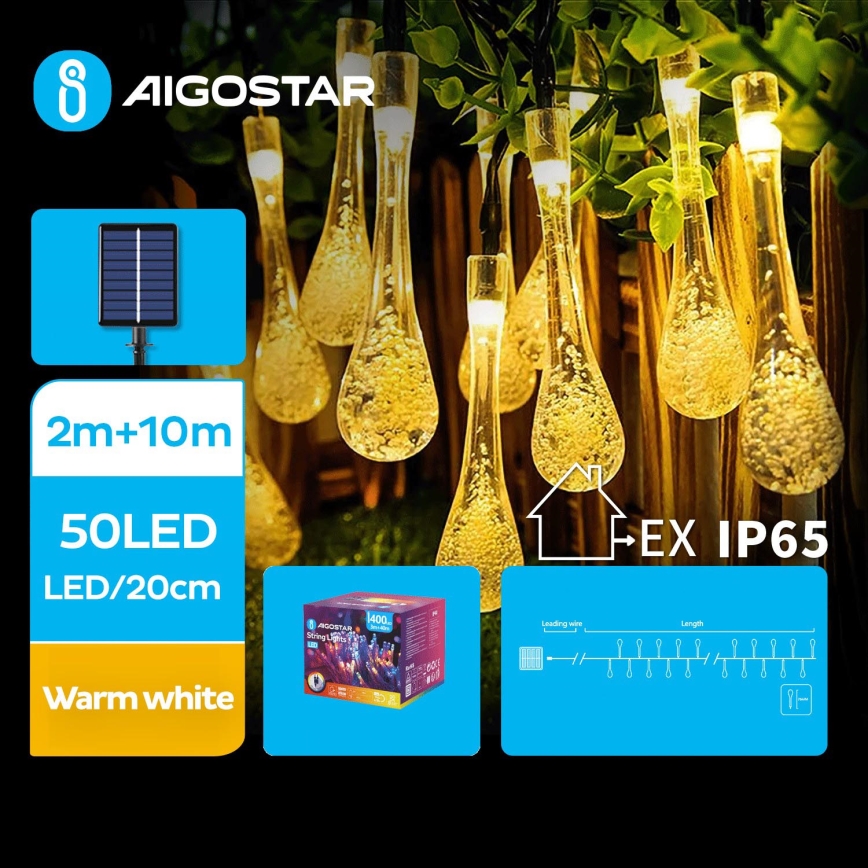 Aigostar - LED Solarny dekoracyjny łańcuch 50xLED/8 funkcji 12m IP65 ciepła biel 800 mAh