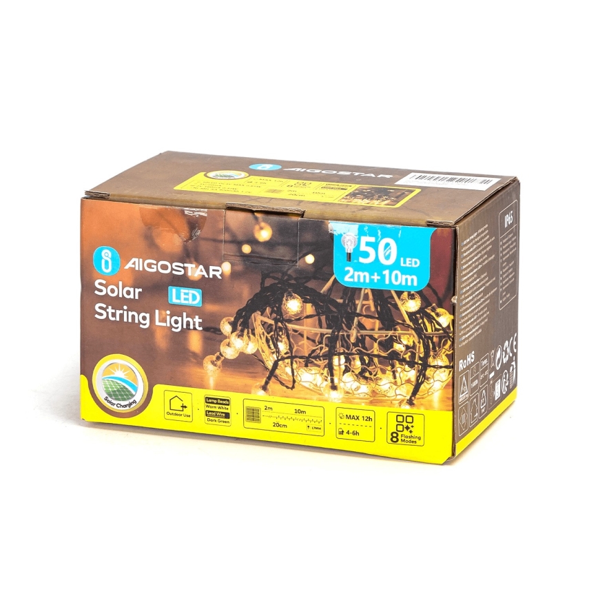Aigostar - LED Solarny dekoracyjny łańcuch 50xLED/8 funkcji 12m 800 mAh IP65 ciepła biel