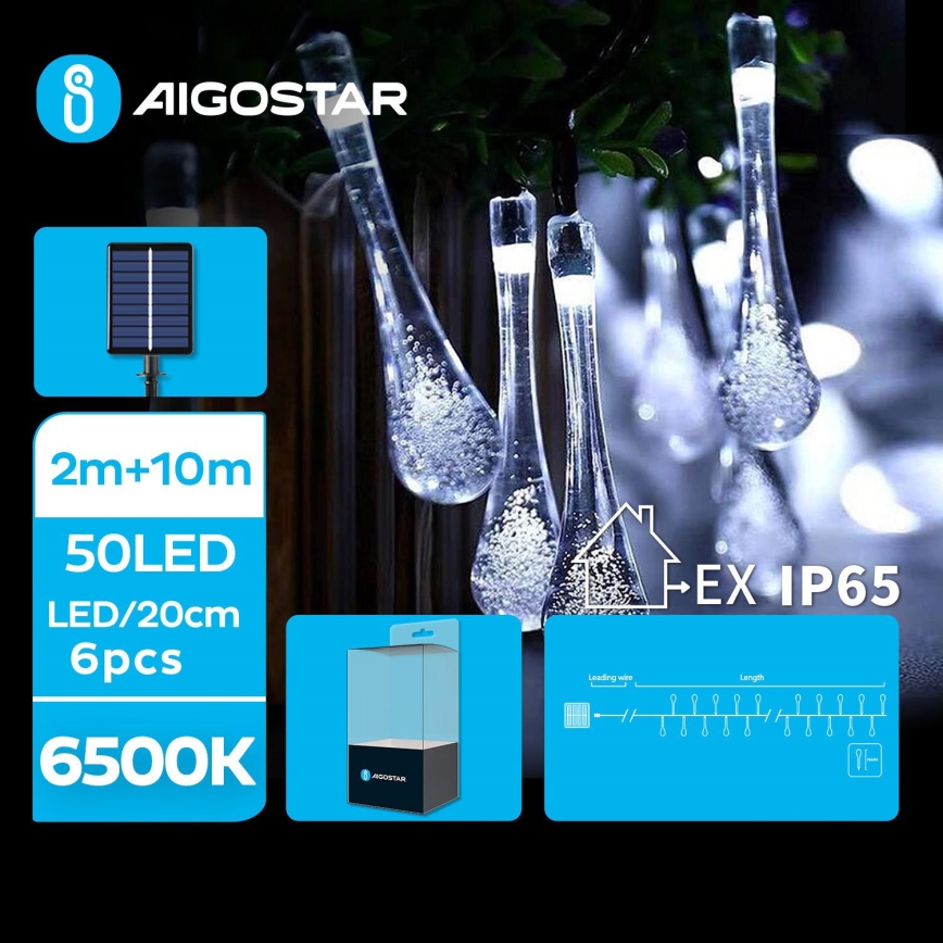 Aigostar - LED Solarny dekoracyjny łańcuch 50xLED/8 funkcji 12m IP65 zimna biel 800 mAh