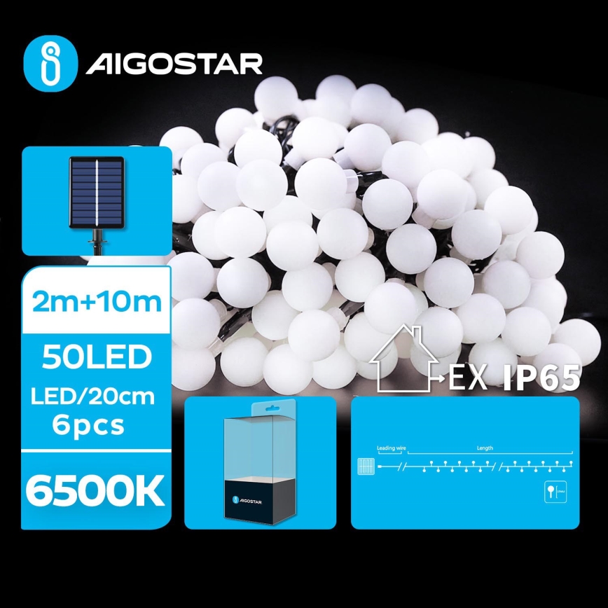 Aigostar - LED Solarny dekoracyjny łańcuch 50xLED/8 funkcji 12m IP65 zimna biel 800 mAh