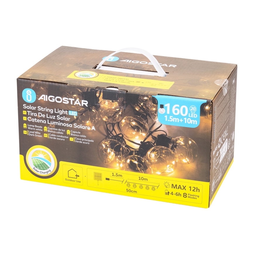 Aigostar - LED Solarny łańcuch bożonarodzeniowy 20xLED/8 funkcji 11,5m IP65 ciepła biel