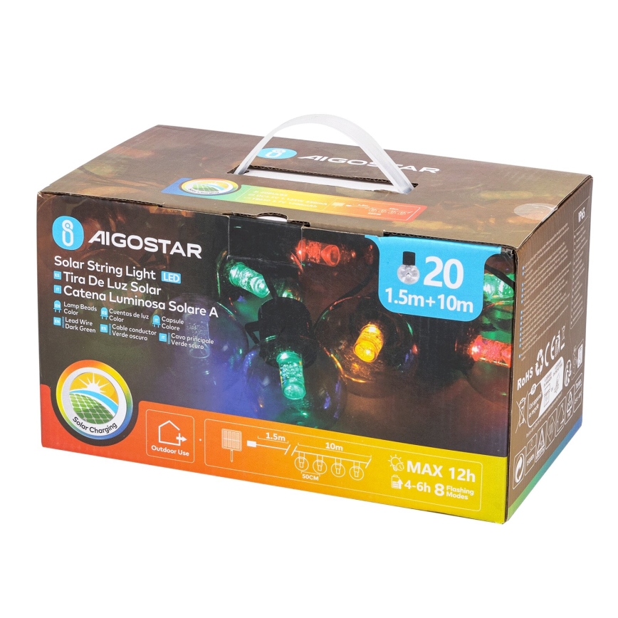 Aigostar - LED Solarny łańcuch bożonarodzeniowy 20xLED/8 funkcji 11,5m IP65 wielobarwny