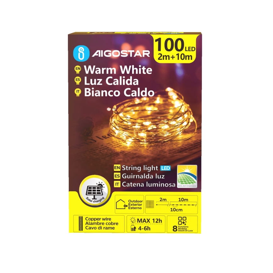 Aigostar - LED solarny łańcuch świąteczny 100xLED/8 funkcji 12 m 800 mAh IP65 ciepła biała