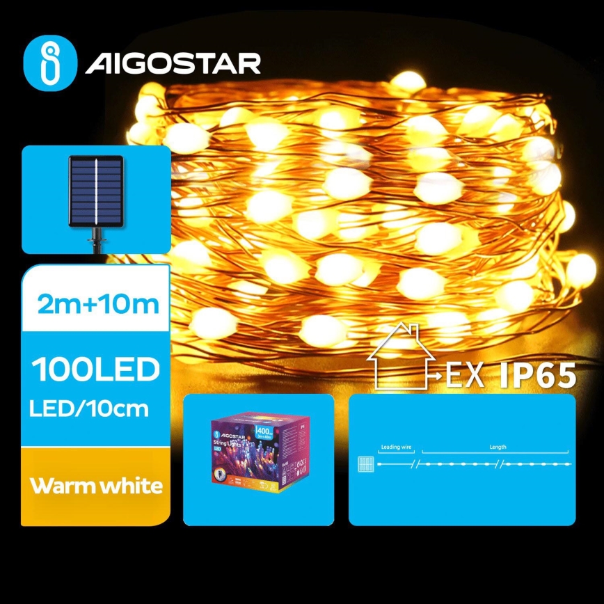 Aigostar - LED Solarny łańcuch świąteczny 100xLED/8 funkcji 12m 800 mAh IP65 ciepła biel