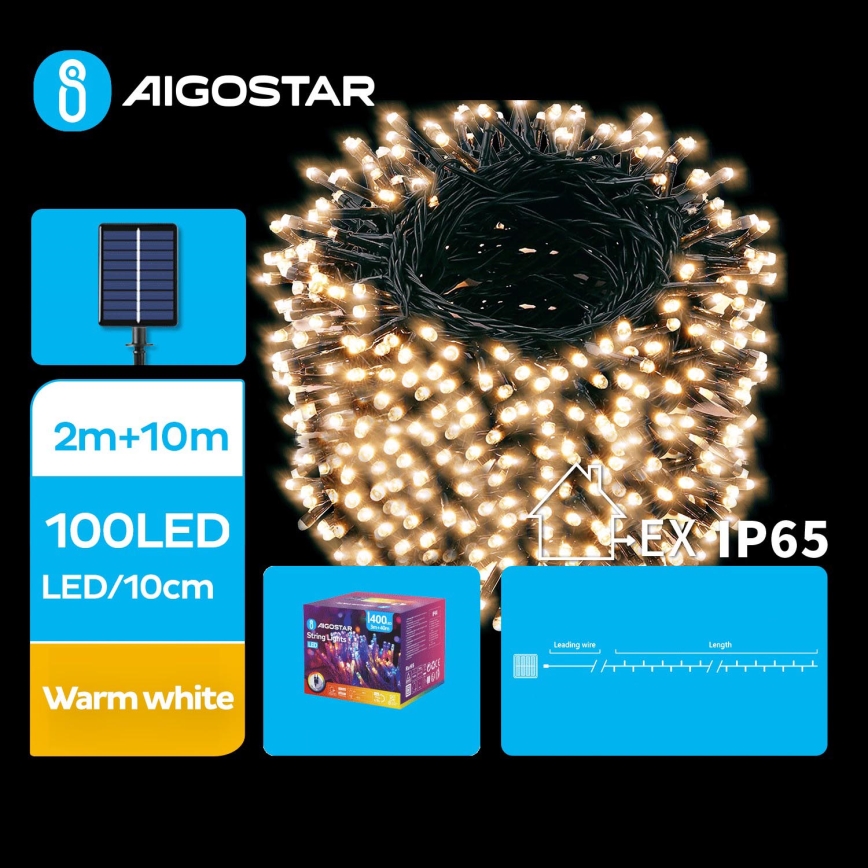 Aigostar - LED Solarny łańcuch świąteczny 100xLED/8 funkcji 12m IP65 ciepła biel 800 mAh