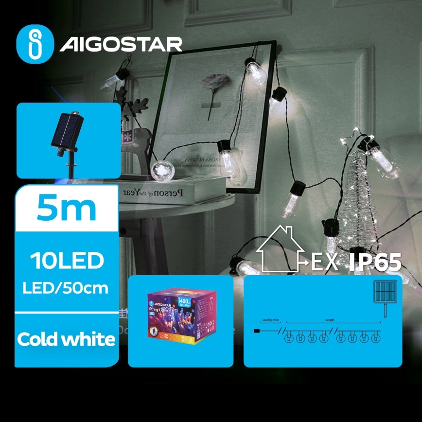 Aigostar - LED Solarny łańcuch świąteczny 10xLED/8 funkcji 6,5m 500 mAh IP65 zimna biel