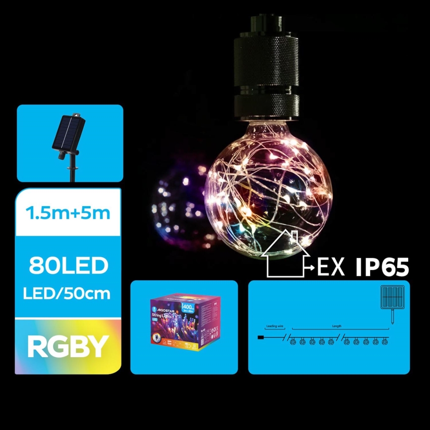 Aigostar - LED Solarny łańcuch świąteczny 10xLED/8 funkcji 6,5m IP65 500 mAh wielobarwny