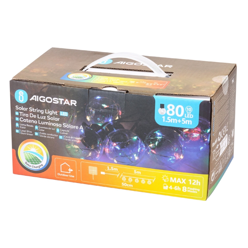 Aigostar - LED Solarny łańcuch świąteczny 10xLED/8 funkcji 6,5m IP65 500 mAh wielobarwny