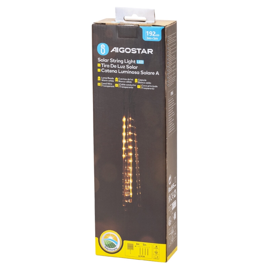 Aigostar - LED Solarny łańcuch świąteczny 192xLED/8m IP65 1200 mAh ciepła biel
