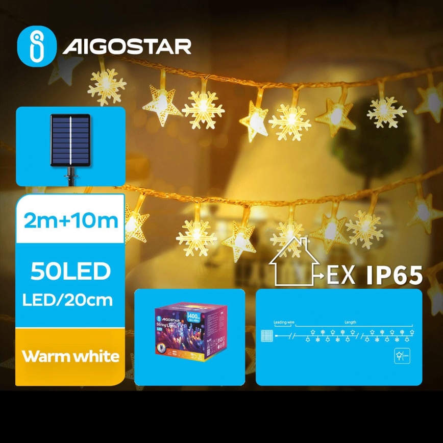 Aigostar - LED Solarny łańcuch świąteczny 50xLED/8 funkcji 12m 800mAh IP65 ciepła biel