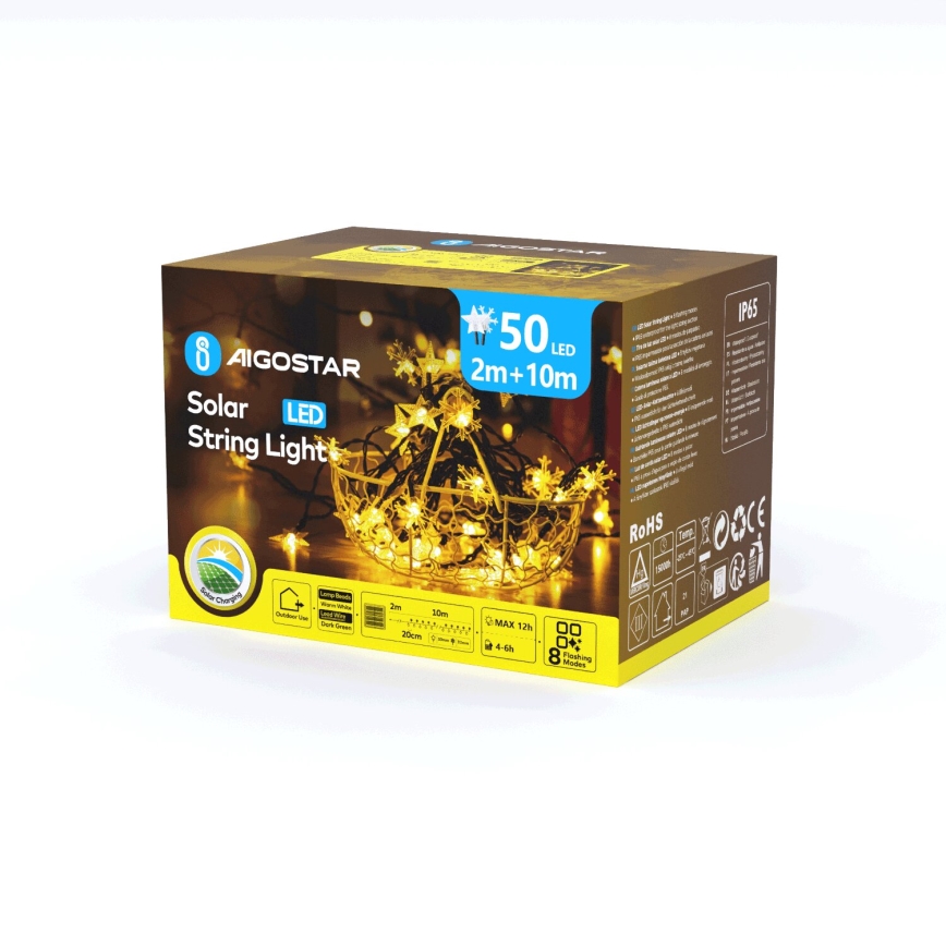 Aigostar - LED Solarny łańcuch świąteczny 50xLED/8 funkcji 12m 800mAh IP65 ciepła biel