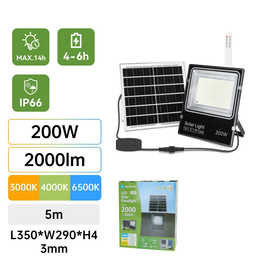 Aigostar - LED solarny reflektor LED/200W/3,2V 3600mAh 3000K/4000K/6500K IP66 + pilot zdalnego sterowania