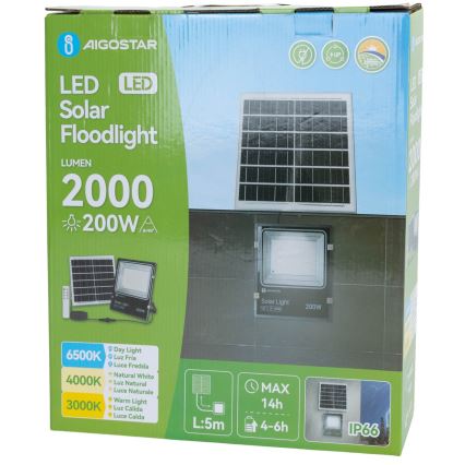 Aigostar - LED solarny reflektor LED/200W/3,2V 3600mAh 3000K/4000K/6500K IP66 + pilot zdalnego sterowania