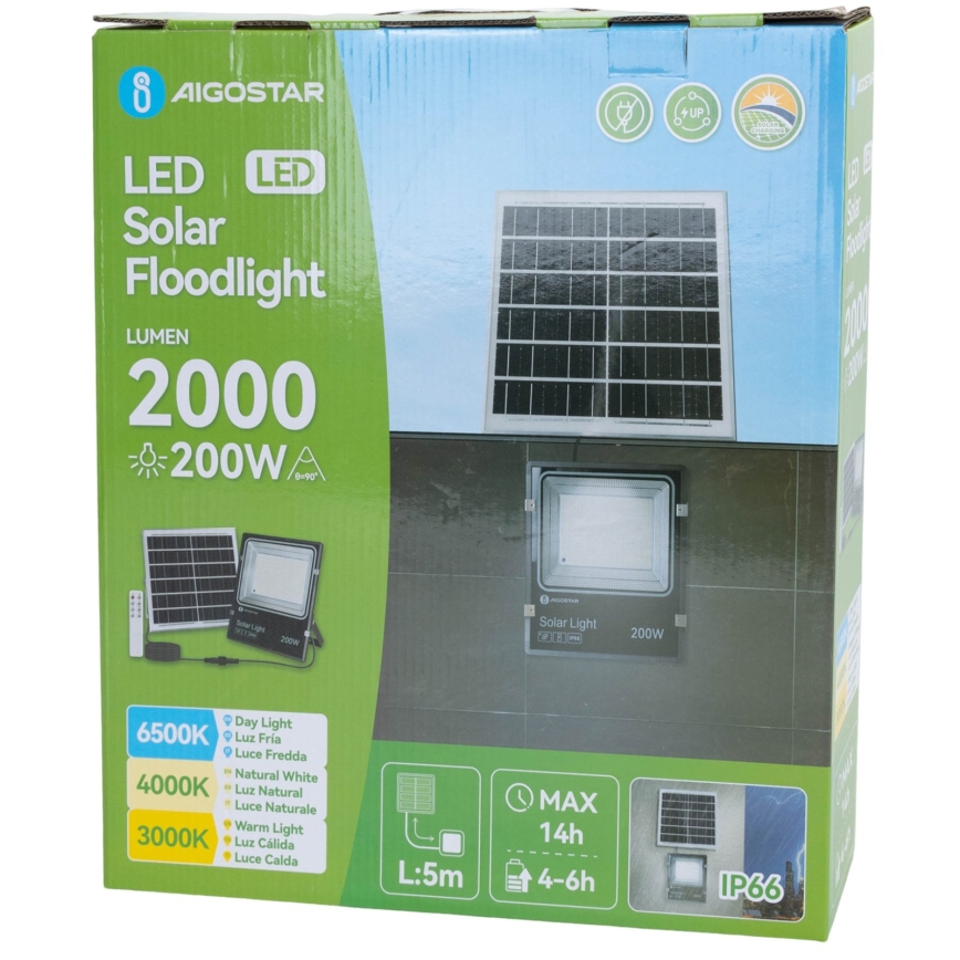 Aigostar - LED solarny reflektor LED/200W/3,2V 3600mAh 3000K/4000K/6500K IP66 + pilot zdalnego sterowania