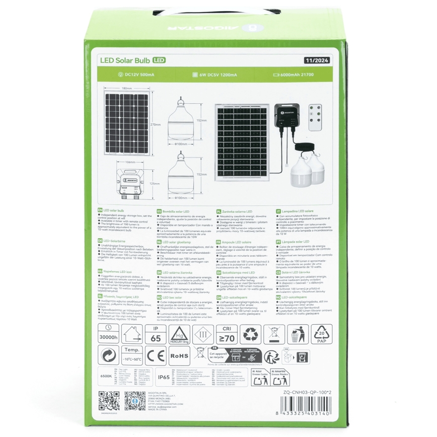Aigostar - Solarny żyrandol LED 2xLED/35W/12V 6000 mAh 6500K IP65 Ø 10 cm + pilot zdalnego sterowania