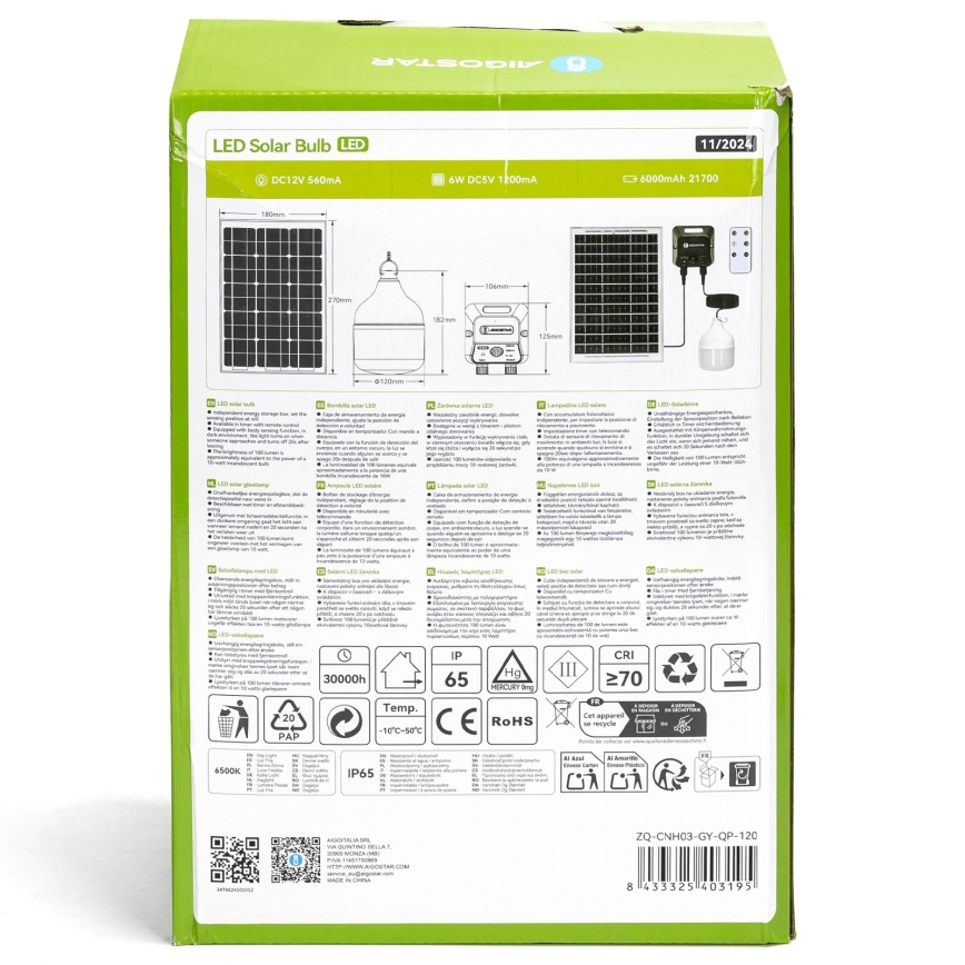 Aigostar - Solarna lampa LED z czujnikiem/70W/12V 6000 mAh 6500K IP65 śr. 12 cm + pilot zdalnego sterowania