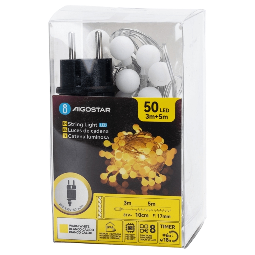 Aigostar - LED Zewnętrzny łańcuch dekoracyjny 50 diod LED/8 trybów 5 m IP44 ciepła biała