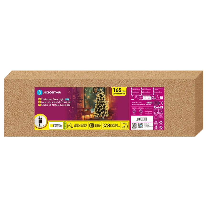 Aigostar - Zewnętrzna choinka świąteczna LED 165xLED/8 funkcji 1,5 m IP44 ciepła biała