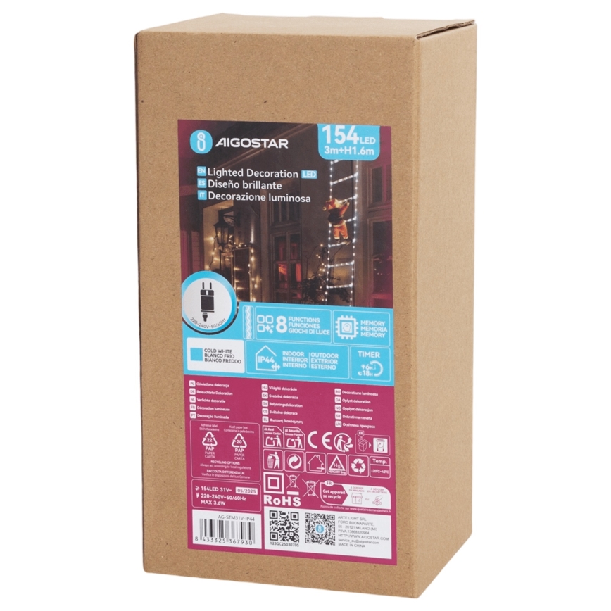 Aigostar - Zewnętrzna świąteczna dekoracja LED, 154 diod LED, 8 funkcji, 1,6 m, IP44, zimne białe światło