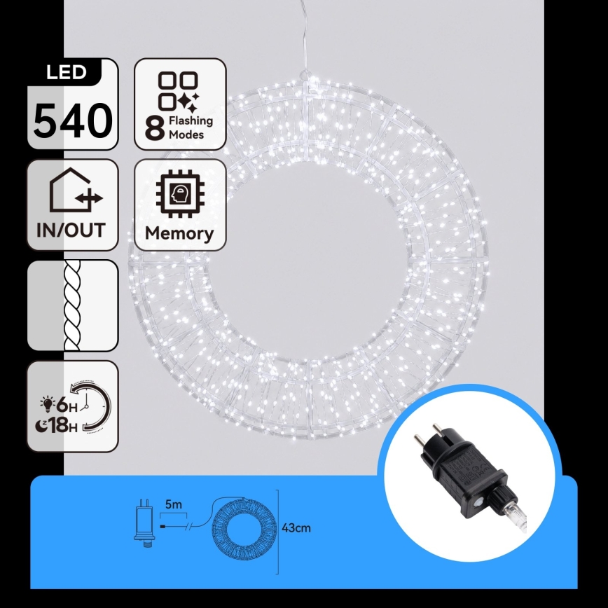 Aigostar - LED zewnętrzna dekoracja świąteczna, 540 diod LED/6 W/230 V, IP44, zimne białe światło, okrąg o średnicy 45 cm