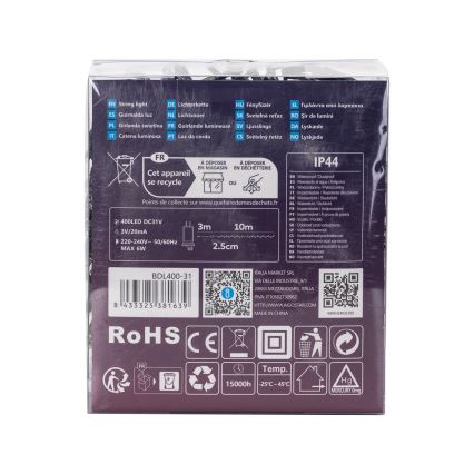 Aigostar - LED zewnętrzna girlanda 400xLED/8 funkcji, 13 m, IP44, zimne białe światło