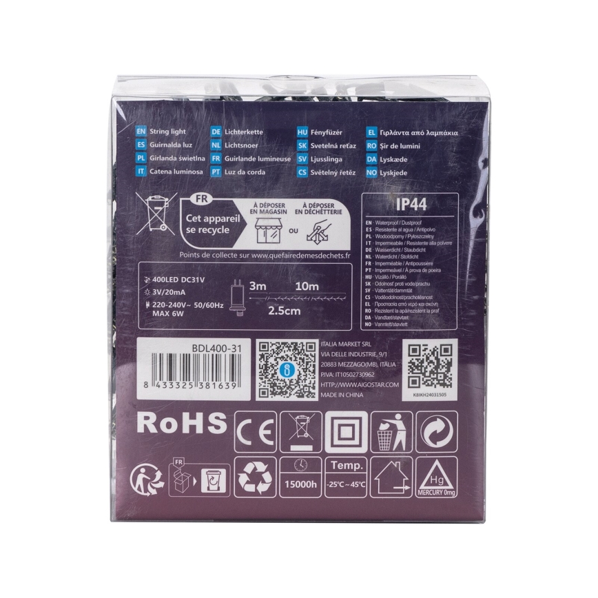 Aigostar - LED zewnętrzna girlanda 400xLED/8 funkcji, 13 m, IP44, zimne białe światło