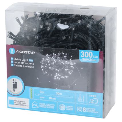 Aigostar - LED zewnętrzny łańcuch świąteczny 300xLED/8 funkcji 30m IP44 zimna biel
