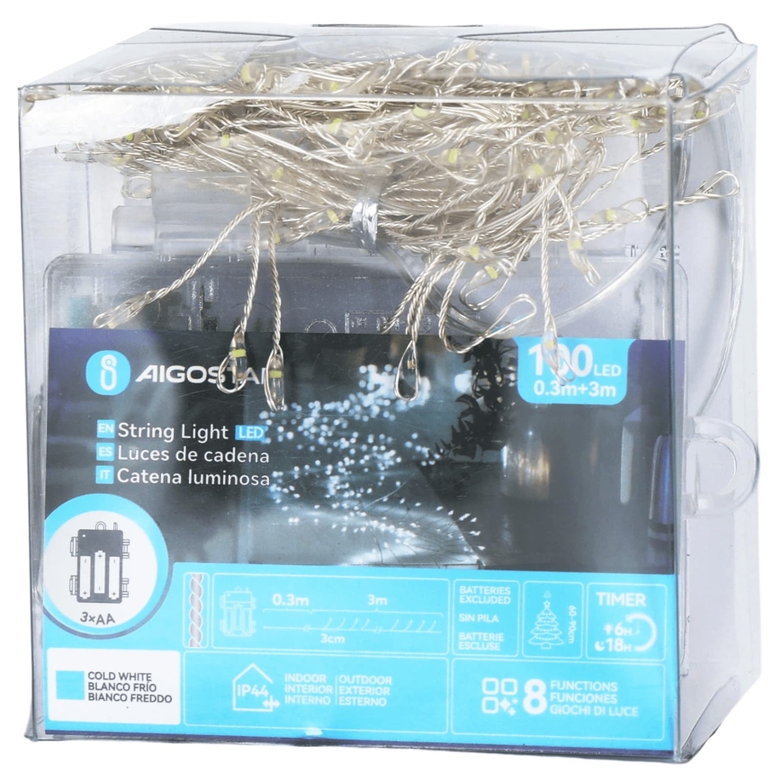 Aigostar - LED zewnętrzny łańcuch świąteczny 100xLED/8 funkcji 3xAA 3,3m IP44 zimna biel