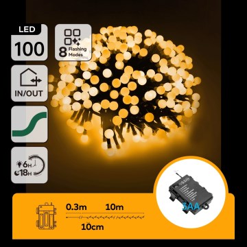 Aigostar - LED zewnętrzne lampki świąteczne 100 diod LED/8 funkcji 3xAA 10,3m IP44 ciepła biel