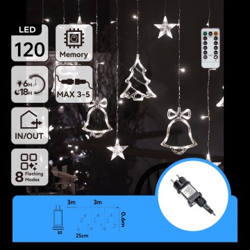Aigostar - LED zewnętrzne lampki świąteczne 120xLED/8 funkcji 3x0,6m IP44 zimne białe światło + pilot zdalnego sterowania