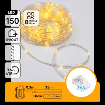 Aigostar - LED Zewnętrzne lampki świąteczne 150xLED/8 funkcji 3xAA 15,3m IP44 ciepła biała