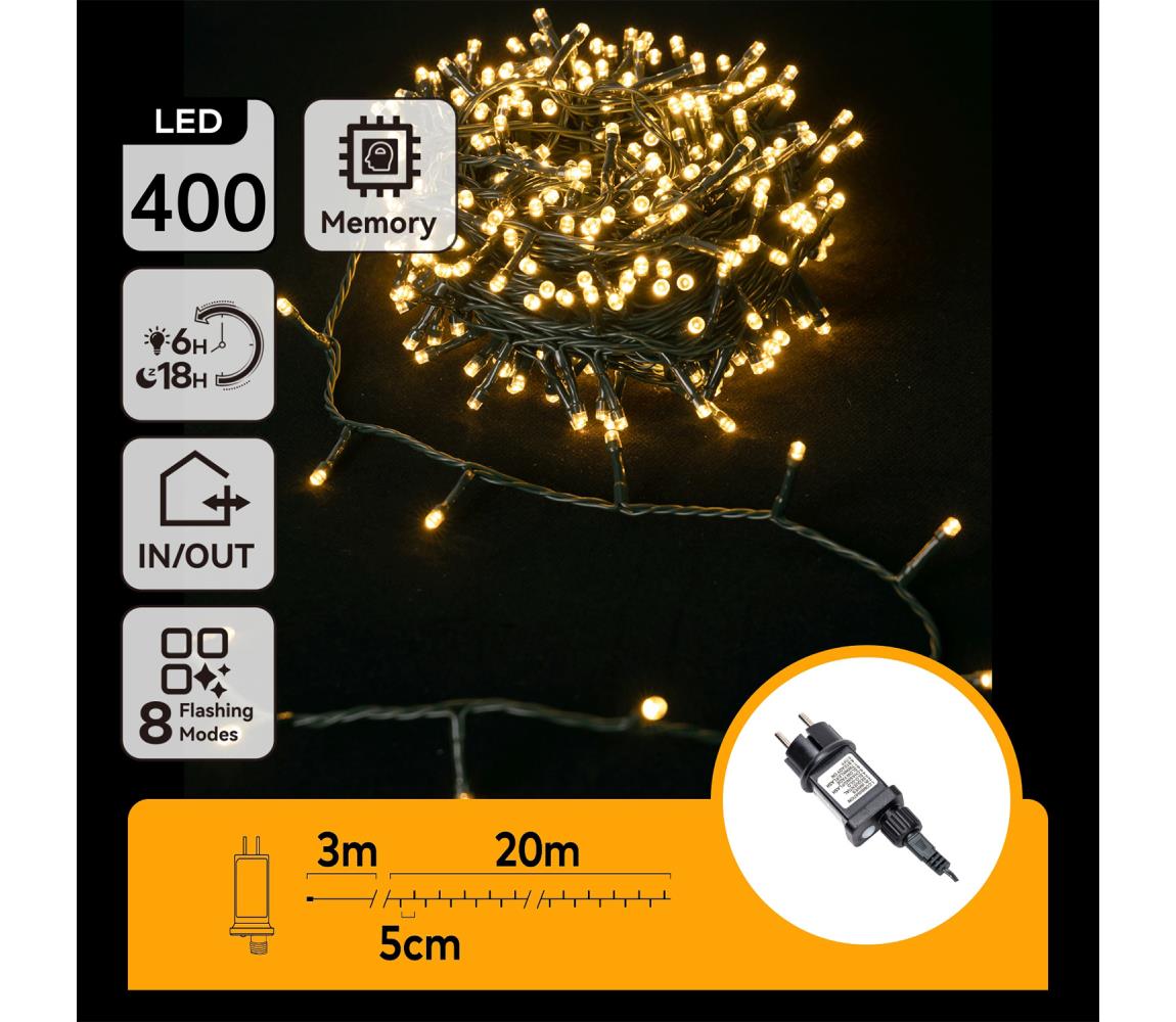 - LED zewnętrzne lampki świąteczne 400 diod LED/8 funkcji 23 m IP44 ciepłe białe światło