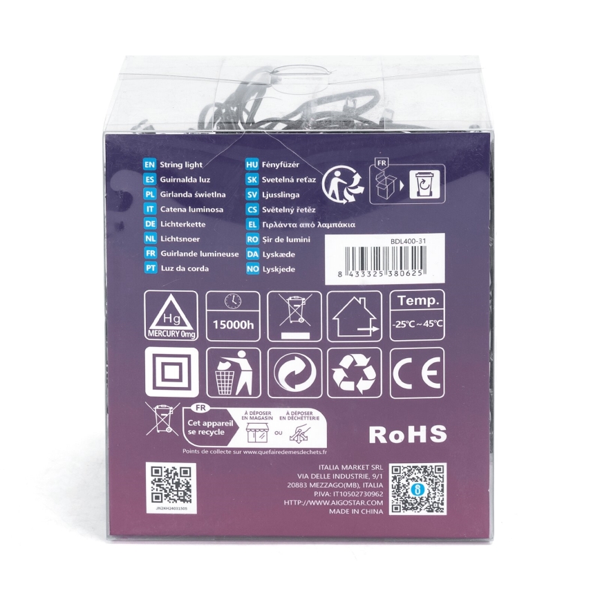 Aigostar - LED zewnętrzne lampki świąteczne 400 diod LED/8 funkcji 23 m IP44 ciepłe białe światło