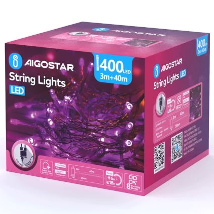 Aigostar - LED zewnętrzne lampki świąteczne 400xLED/8 funkcji 43m IP44 różowe