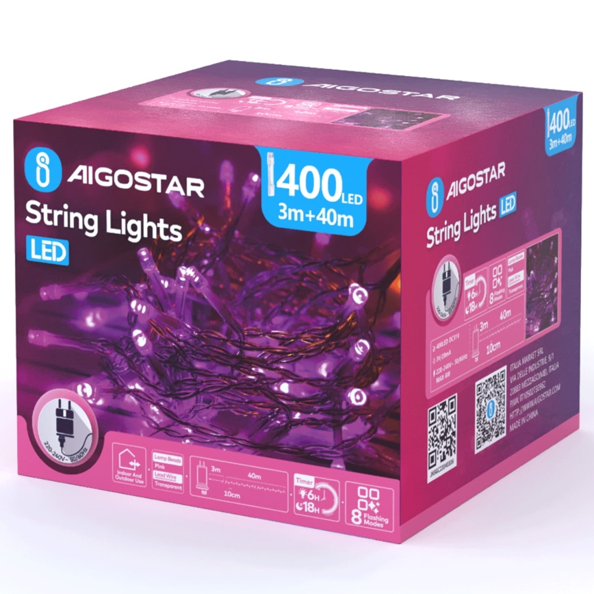 Aigostar - LED zewnętrzne lampki świąteczne 400xLED/8 funkcji 43m IP44 różowe