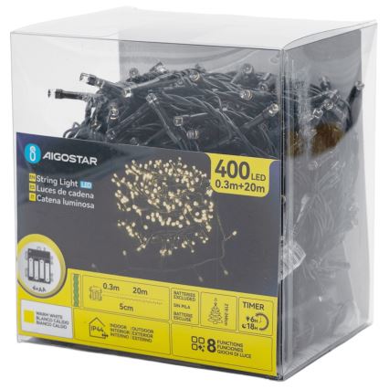 Aigostar - LED zewnętrzna girlanda świąteczna 400 diod LED / 8 funkcji, zasilanie 4×AA, długość 20,3 m, IP44, ciepła biała