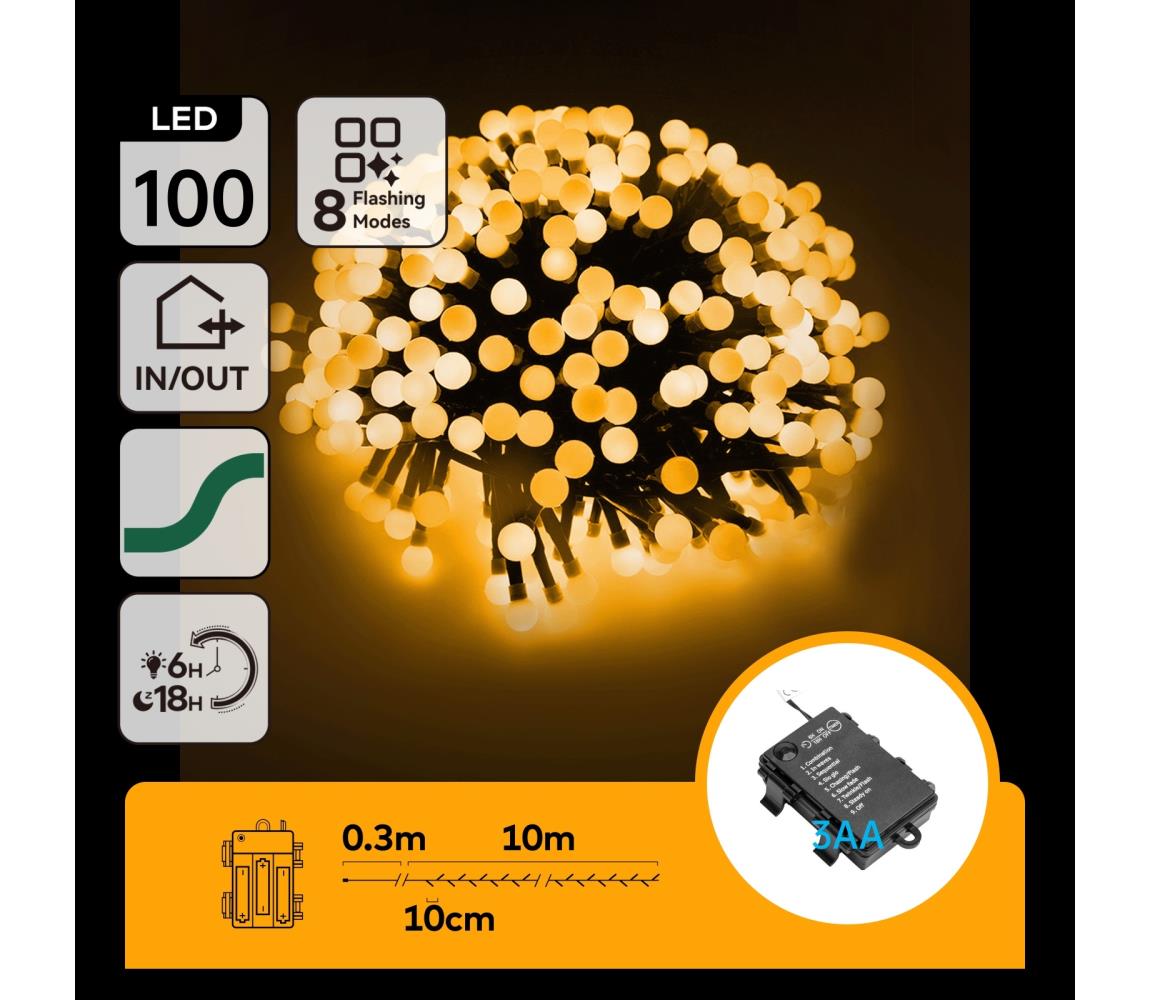 - LED Zewnętrzny łańcuch świąteczny 100xLED/8 funkcji 3xAA 10,3m IP44 ciepła biel