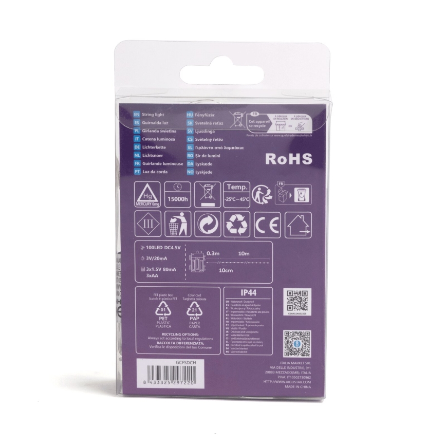 Aigostar -LED Zewnętrzny łańcuch 100xLED/8 funkcji 3xAA 10,3m IP44 ciepła biała