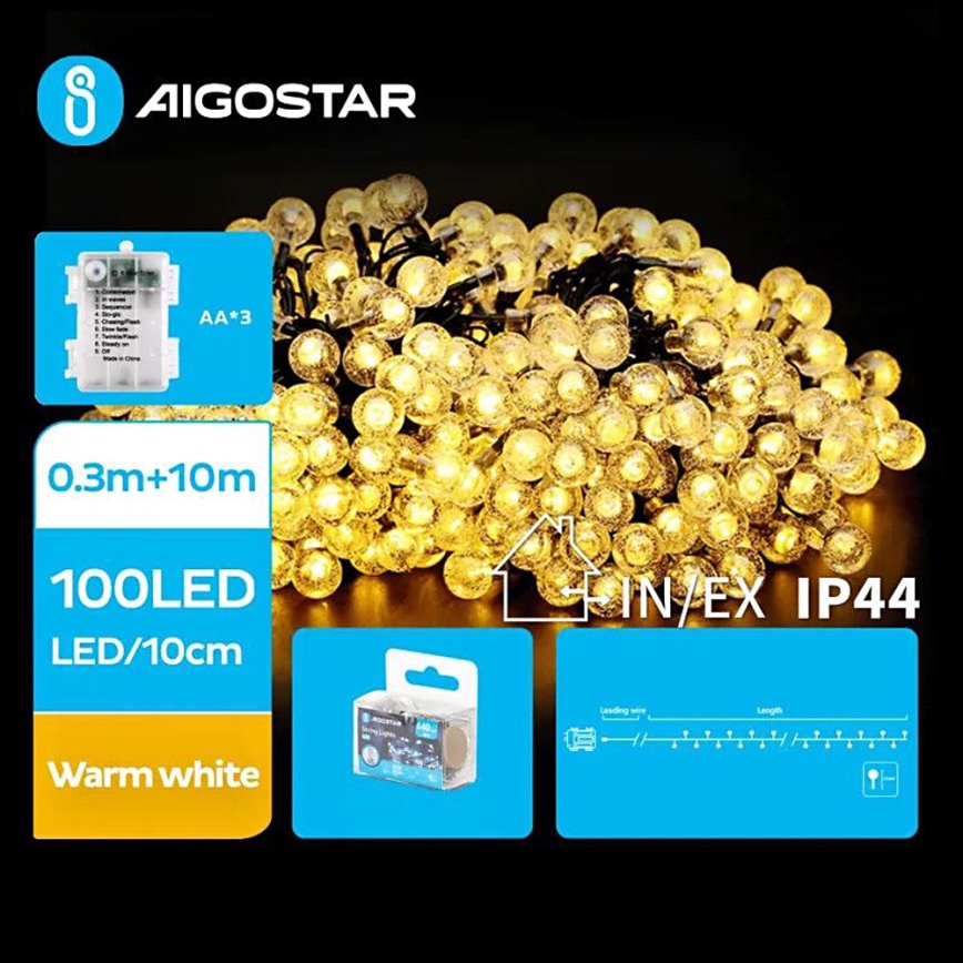 Aigostar - LED Zewnętrzny łańcuch bożonarodzeniowy 100xLED/3xAA/8 funkcji 10,3 m IP44 ciepła biel