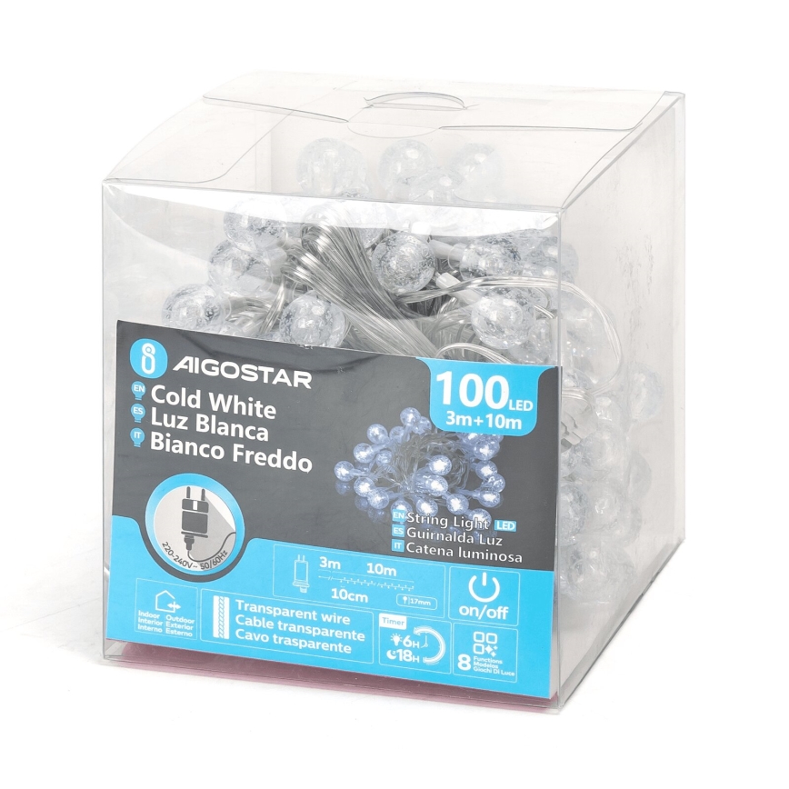 Aigostar - LED Zewnętrzny łańcuch bożonarodzeniowy 100xLED/8 funkcji 13m IP44 zimna biel