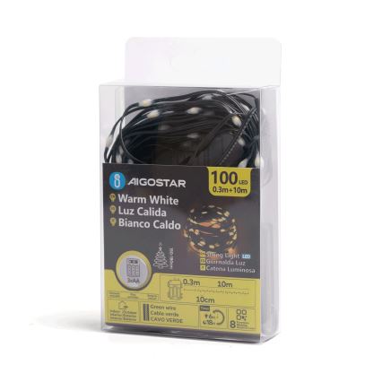Aigostar - LED Zewnętrzny łańcuch bozonarodzeniowy 100xLED/8 funkcji 3xAA 10,3m IP44 ciepła biel