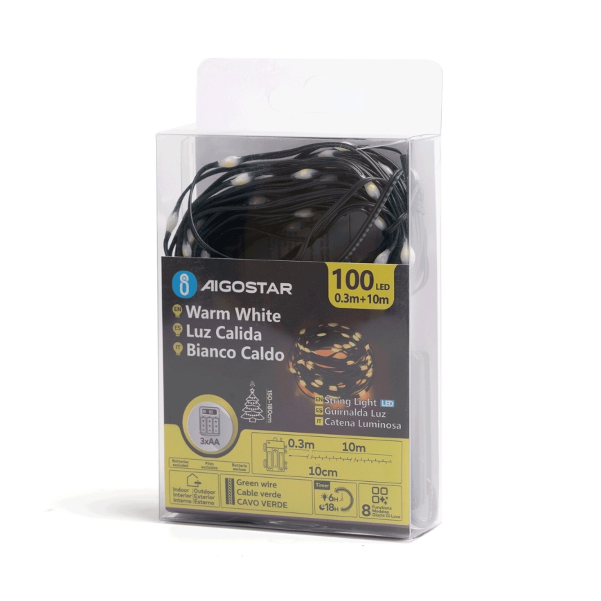 Aigostar - LED Zewnętrzny łańcuch bozonarodzeniowy 100xLED/8 funkcji 3xAA 10,3m IP44 ciepła biel